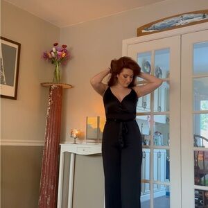 Classic Black Satin Jumpsuit with Waist Tie